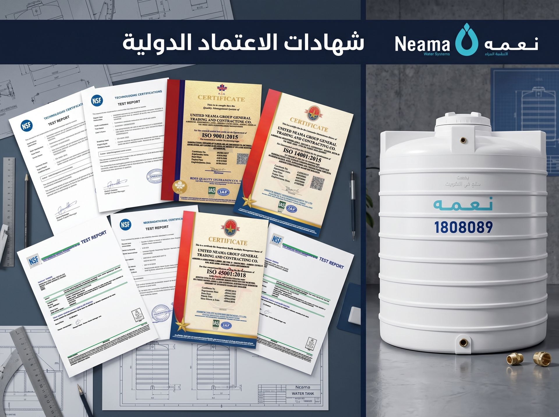 Neama Kuwait ISO 9001, 14001, 45001 Quality Accreditations Neama Water Tanks Official ISO Certifications and Quality Compliance Documents Kuwait
